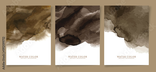 Three watercolor artworks with brown and white hues displayed side by side on a beige background each featuring the words water color in small text