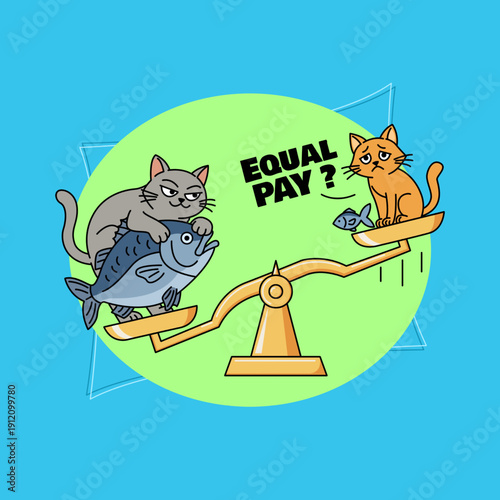 A unique visual metaphor between a small cat questions the equal pay gap through the reward between big fish and small fish. Equal Pay Day, March 4th