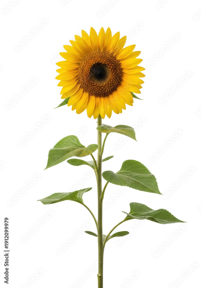 Obraz premium A single, vibrant yellow sunflower in full bloom, with dark brown disk florets and lush green leaves, standing tall against a transparent studio background with negative space and bright high-key