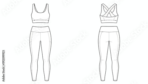 Fashionable clothing illustration featuring technical flat design of women's athletic wear from front and back viewpoints.