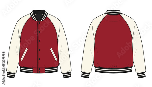 Varsity jacket front and back illustration on a clean background showcasing fashion design