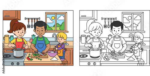 Happy family cooking together in kitchen coloring book page vector illustration. Mom, dad and child preparing food. Educational coloring worksheet with color preview and outline for kids.