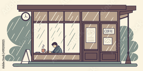 A person sitting on a bench outside a closed storefront during a rainy day.