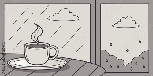 A cozy scene of a coffee cup on a windowsill during a rainy day with clouds outside