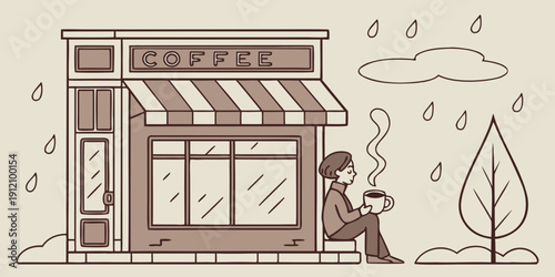 A person holding an umbrella standing outside a coffee shop on a rainy day