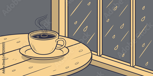 A cozy scene of a steaming cup of coffee on a wooden table by a window with raindrops.