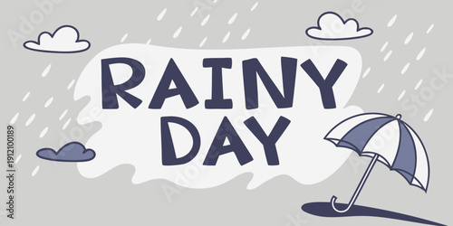 A whimsical illustration of a rainy day with an umbrella and clouds