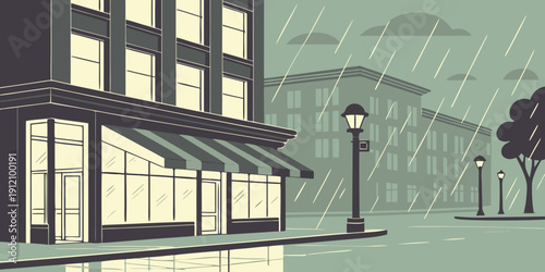 A rainy day in a city with people walking under umbrellas and buildings in the background.