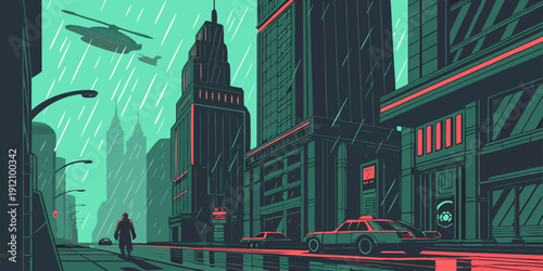 A futuristic cityscape with flying creatures and neon lights at night