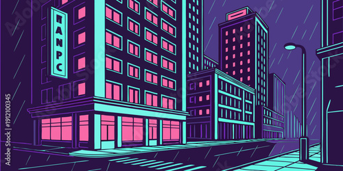 A vibrant cityscape at night with illuminated buildings and bustling streets