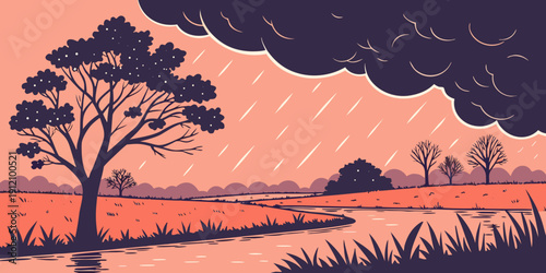 Silhouettes of trees against a vibrant sunset sky with a distant horizon.