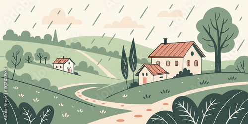 A serene countryside landscape with a quaint house and lush greenery