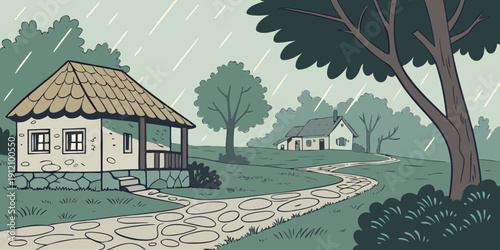 A serene countryside scene with a quaint house and a winding dirt road