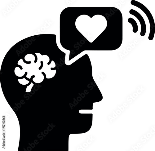 Human head thinking with love and wireless communication concept flat vector illustration isolated on white background