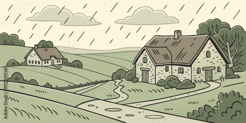 A picturesque countryside scene with charming houses and lush greenery