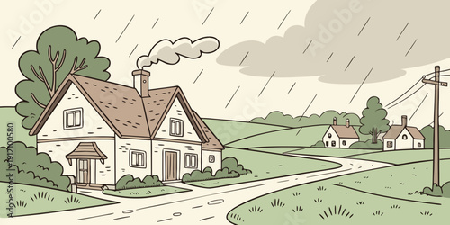 A picturesque countryside scene with a charming farmhouse and a winding road.