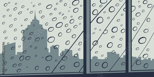 A serene cityscape with rain droplets and a clock tower in the background.