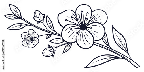 A delicate and intricate line drawing of a blooming flower branch with leaves