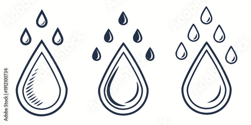 Three distinct water droplets with varying internal patterns and raindrops above