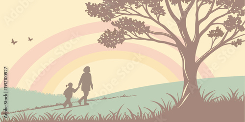 Two figures walking under a rainbow towards a large tree on a hill