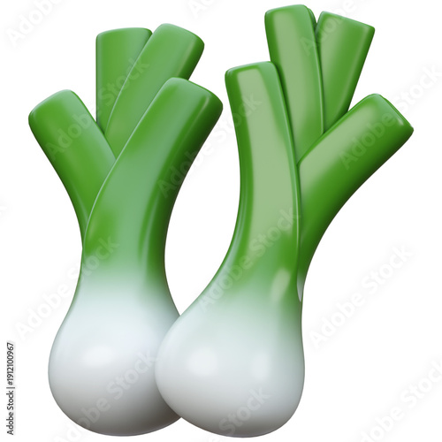 Two 3D cartoon-style leeks on a white background, isolated produce illustration