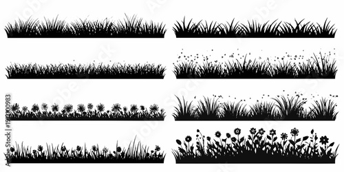 Variations of grassy borders and floral arrangements in black and white