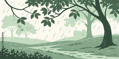 A serene landscape with a winding path leading through a tranquil forest