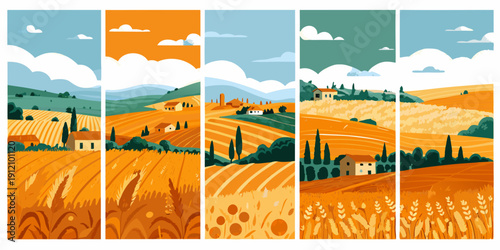 Panoramic view of rolling hills golden fields and quaint italian countryside