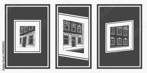 Three framed architectural drawings displayed on a grey wall.