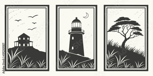 Cuadro en lienzo Three distinct lighthouses standing tall amidst nature's diverse landscapes