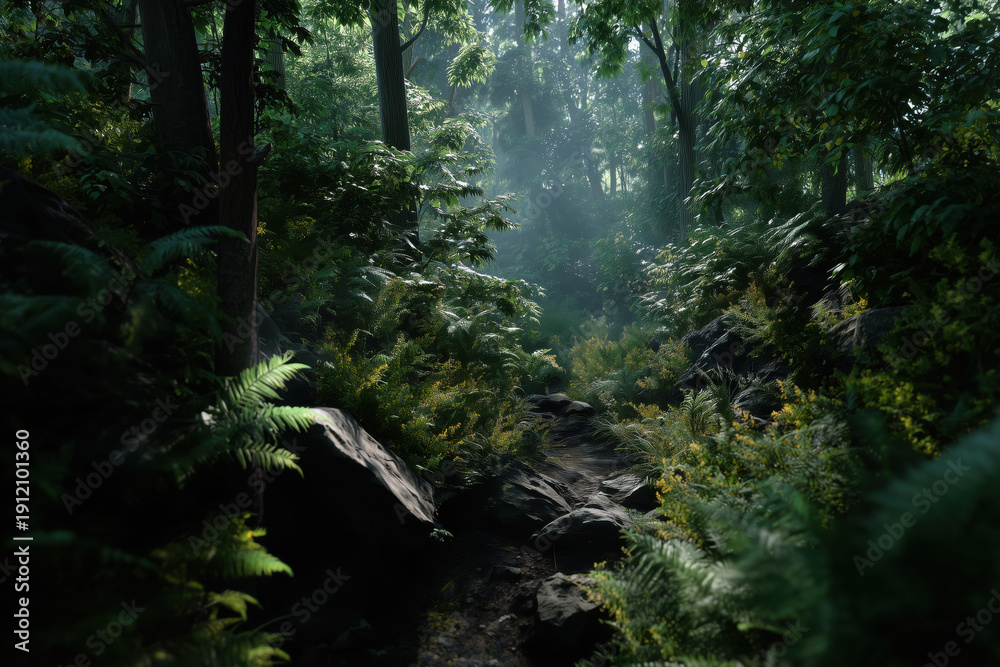 Fototapeta premium Foggy morning in the forest with rocks and ferns