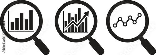 Business data analysis with magnifying glasses showing graphs