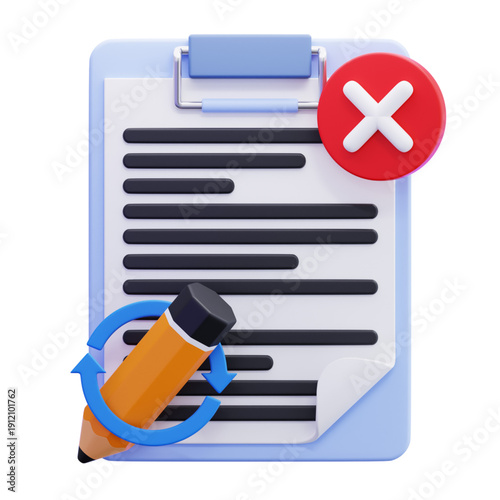 3D Icon of a Clipboard with a Red Cross and Pencil for Editing and Correction