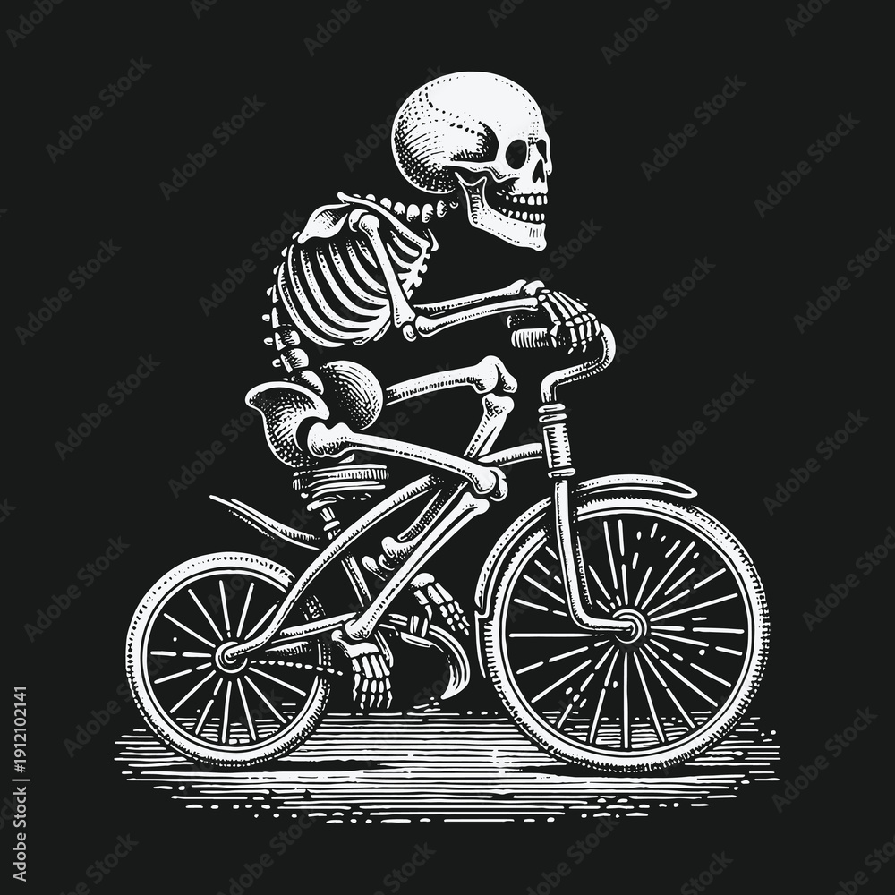 Naklejka premium Skeleton Cyclist: A Grim Ride Through the Afterlife on Two Wheels.