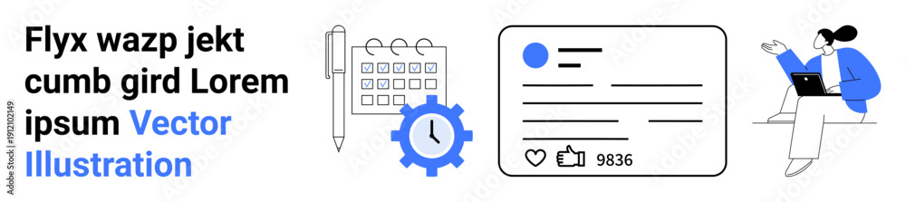 Obraz premium Social media management, productivity tools, digital profiles, online engagement, creativity, office work. Calendar, gears profile card laptop user. Social media management and productivity tools