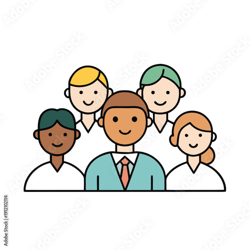 Group of diverse smiling business professionals standing together in flat illustration style