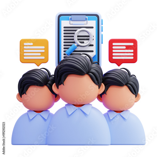 3D illustration of a team working on a project with a magnifying glass over documents