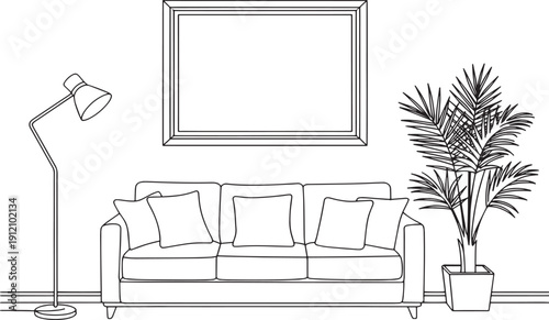 line art illustration a modern living room interior with comfortable furniture, including a sofa lamp stands, potted plant, vector