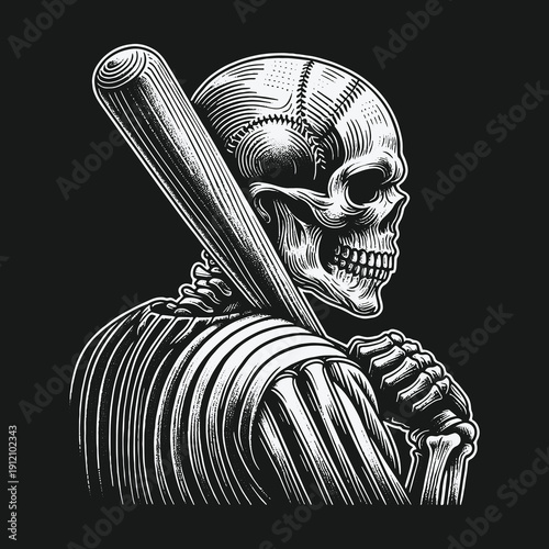 Skull Baseball Player with Bat: A Striking Monochrome Illustration.