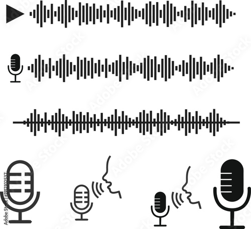 Sound wave patterns and microphone icons for audio recording and playback