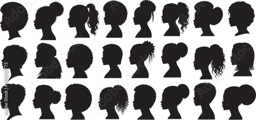 Female profile silhouettes various hairstyles set, female profile icons set, anonymous user head portraits, social media profile vector