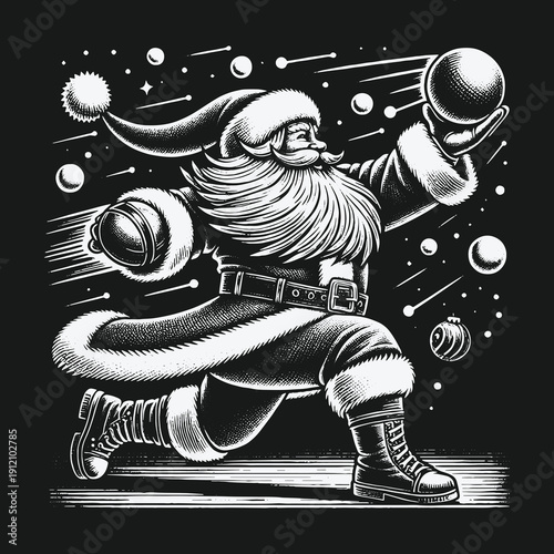 Santa Claus in Action: A Festive Snowball Fight Illustration.