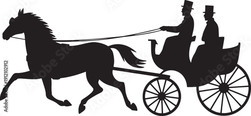 Horse drawn carriage with coachman silhouette, vintage transportation wagon in motion, historical travel, and vintage transportation. vector illustration