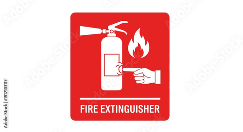 Fire extinguisher sign indicating safety protocol with a hand holding the device and a flame nearby