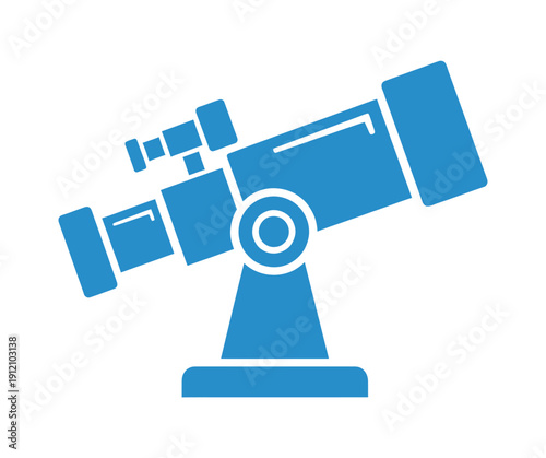 Blue silhouette icon of a telescope on a tripod mount, representing astronomy and observation.