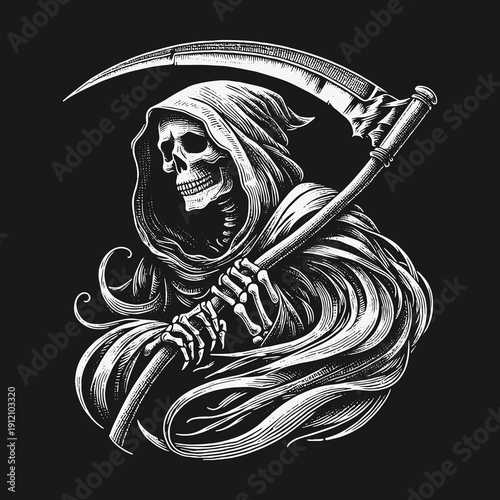 Grim Reaper Illustration: A Haunting Depiction of Mortality and the Afterlife.