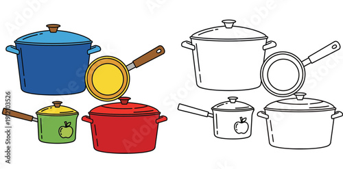 Kitchen cookware set vector illustration containing pots, pans, and saucepans. Colorful and black and white outline version suitable for coloring book page or educational icons.