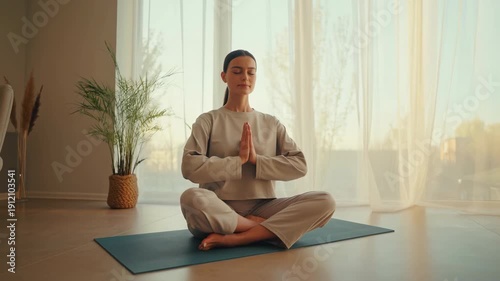 Serene Woman Practicing Mindfulness On Mat. Sunshine Bathes Woman As She Meditates Peacefully Indoors