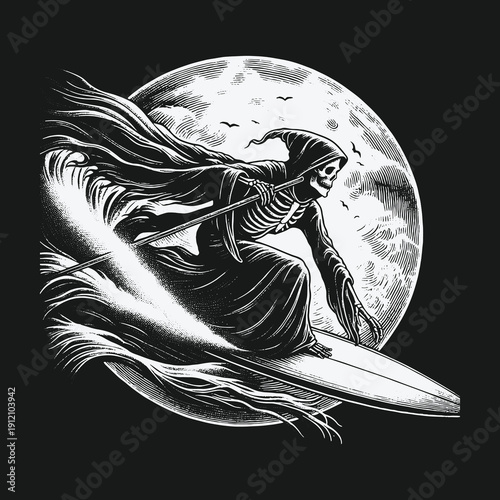 Grim Reaper Surfing Under the Moonlight: A Darkly Humorous Illustration.