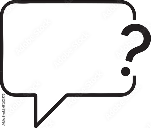 A simple black and white illustration of a speech bubble with a question mark